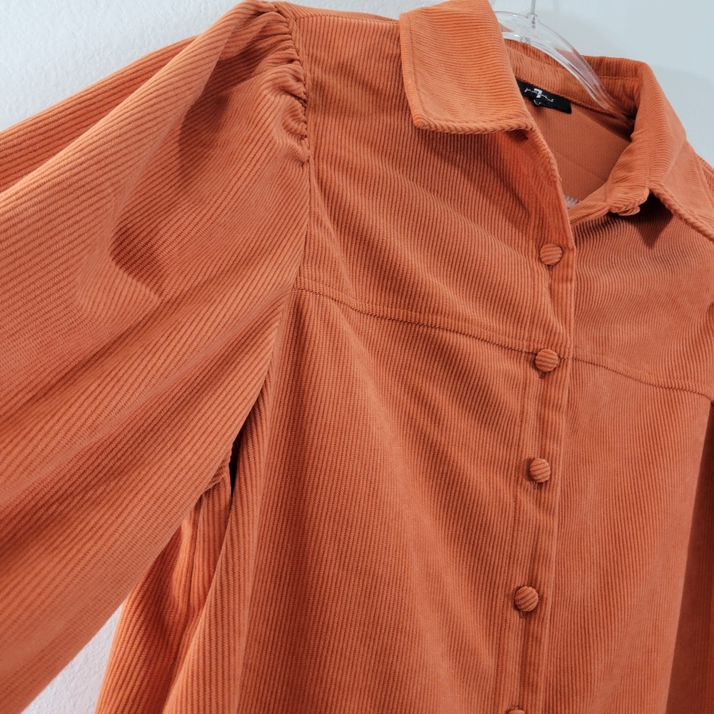 7 FOR ALL MANKIND rust colored corduroy puff sleeve button front jacket dress - Picture 6 of 11